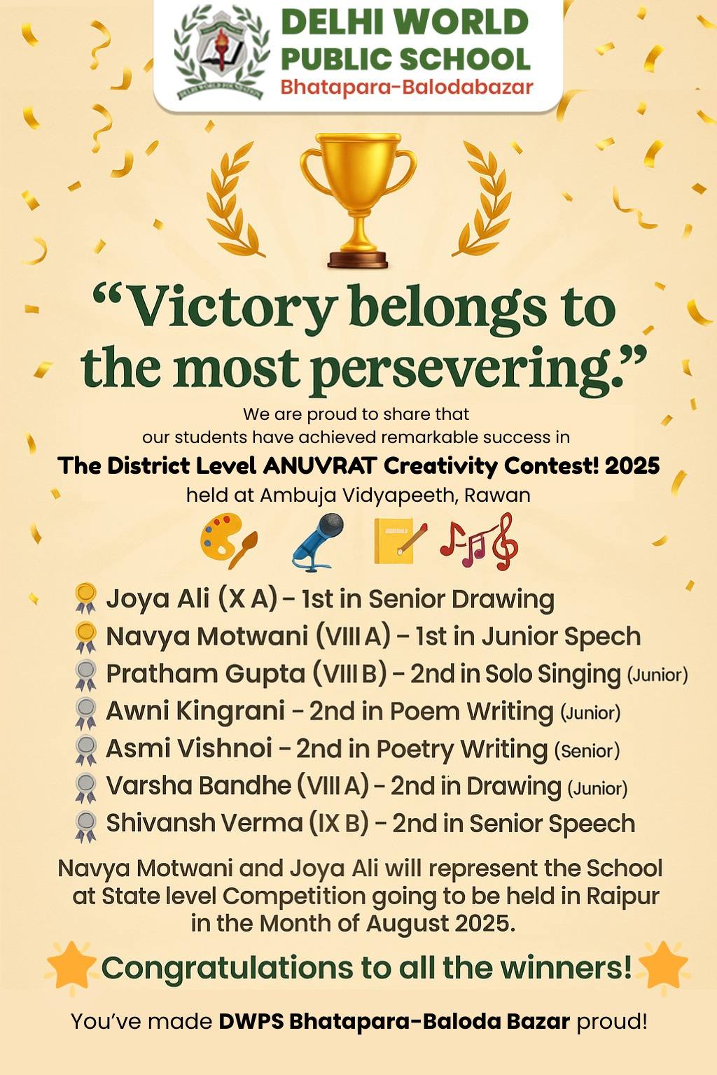 DWPS Students Achieve Success in the District Level Anuvrat Creativity Contest 2025