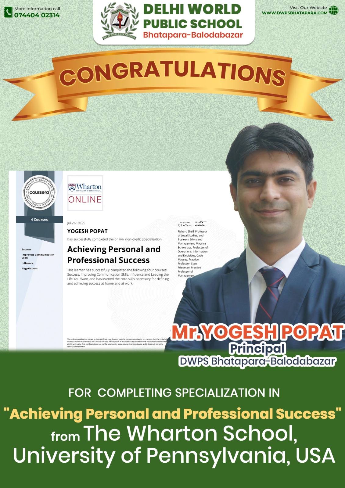 Mr Yogesh Popat Completes Specialisation in Achieving Personal and Professional Success from the Wharton School, University of Pennsylvania, USA