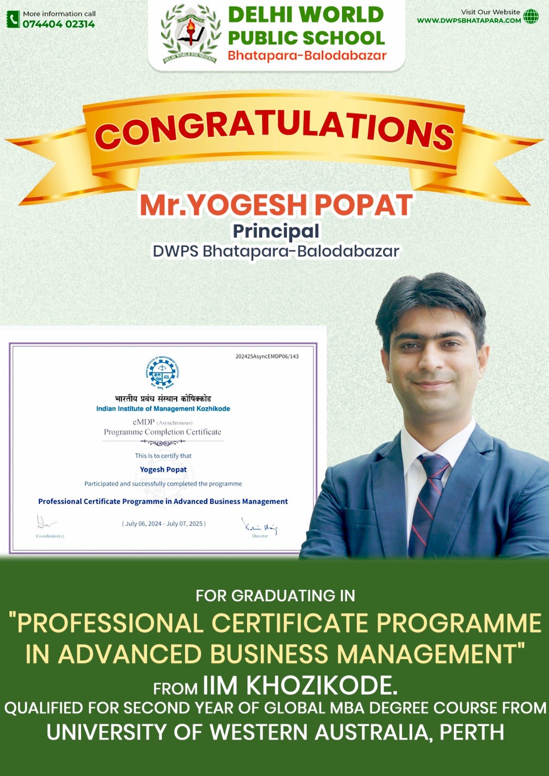 Mr Yogesh Popat Graduates in Professional Certificate Programme in Advanced Business Management from IIM Kozhikode