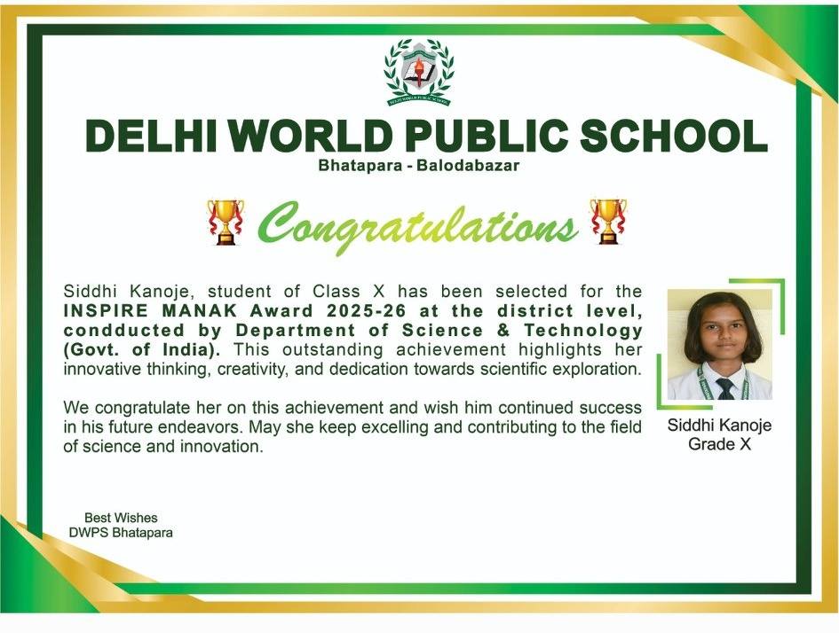 DWPS student receives INSPIRE MANAK Award 2025–26 for an innovative idea