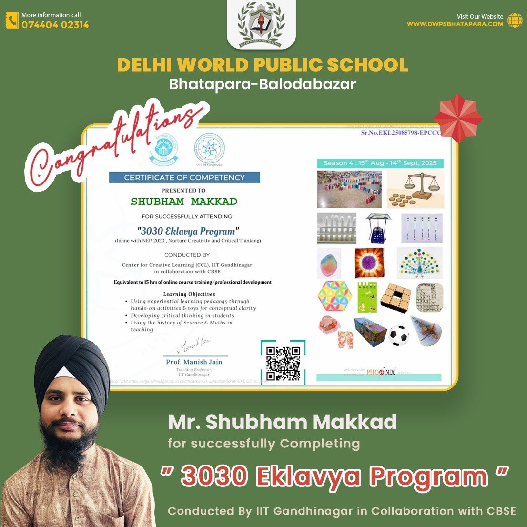 Mr Shubham Makkad successfully completes the 3030 Eklavya Program conducted by IIT Gandhinagar in collaboration with CBSE