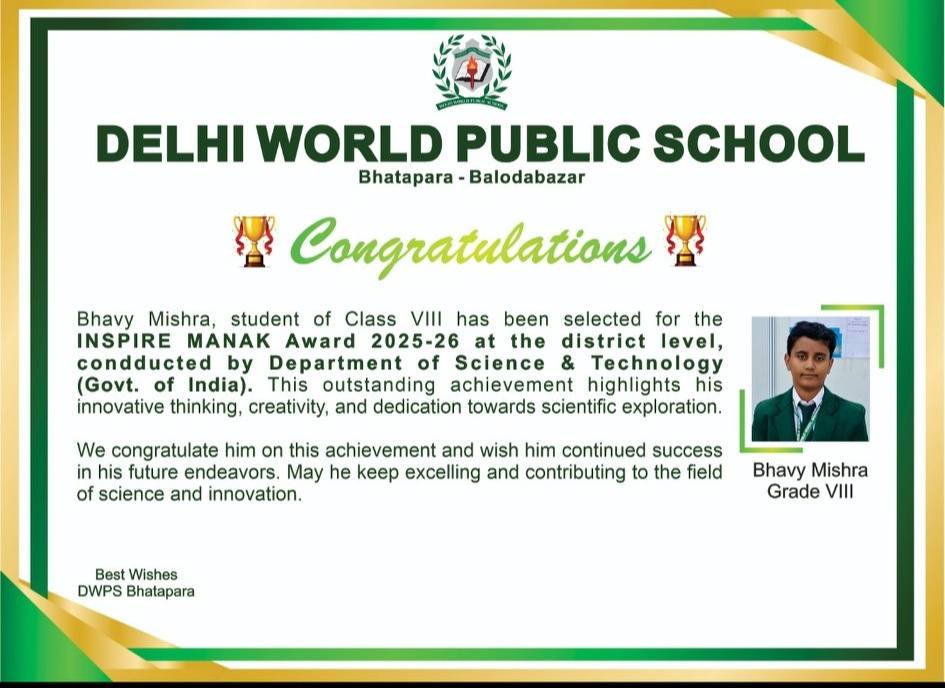 DWPS student receives INSPIRE MANAK Award 2025–26 for an innovative idea