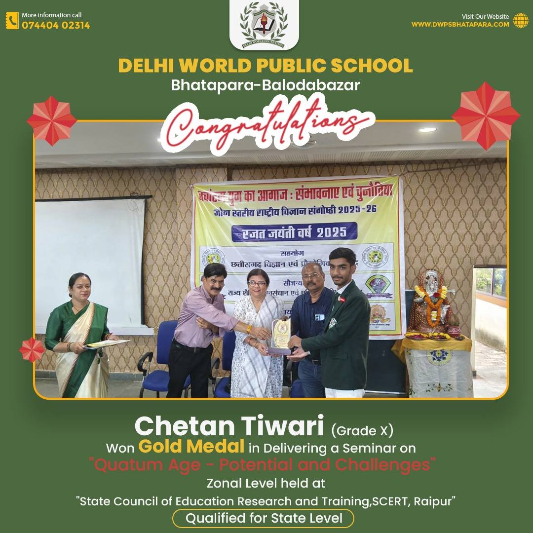 Chetan Tiwari (Grade X) wins Gold Medal for a seminar on Environmental Awareness at the zonal level