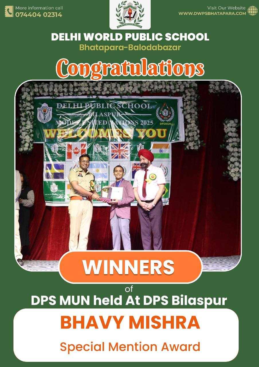 Bhavy Mishra wins the Special Mention Award at DPS MUN, held at DPS Bilaspur